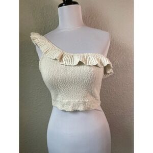 Urban Outfitters Ivory Knit Ruffle One Shoulder Crop Top - Size‎ S